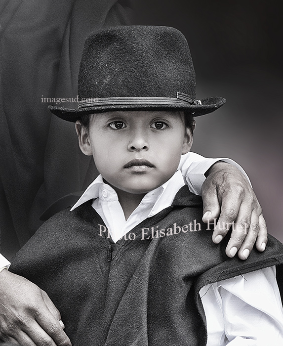 With father, indigenous kid, Andes, portrait black and white